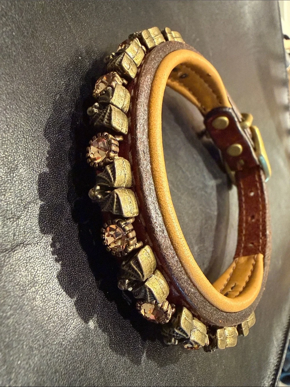 Amber Rhinestones, Bats and Leather Dog Collar